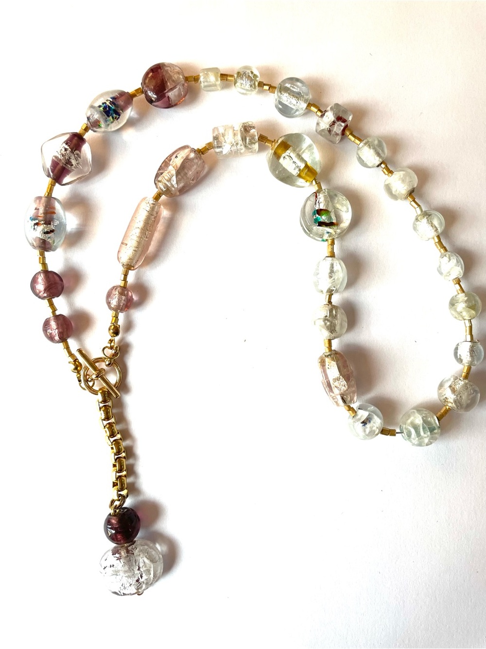 Elegant Glass Bead Necklace in Clear and Rose Tones